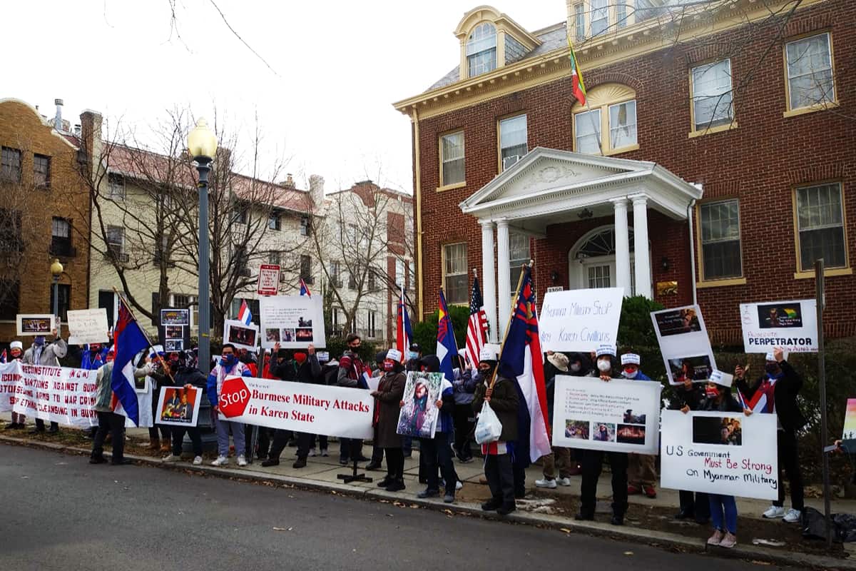 Over 60 people protested at Myanmar’s Military Attaché building. Led by the Karen Organization of America, refugees – many now U.S. citizens – traveled from as far as Nebraska to protest against Burma’s military attacks on Karen civilians.