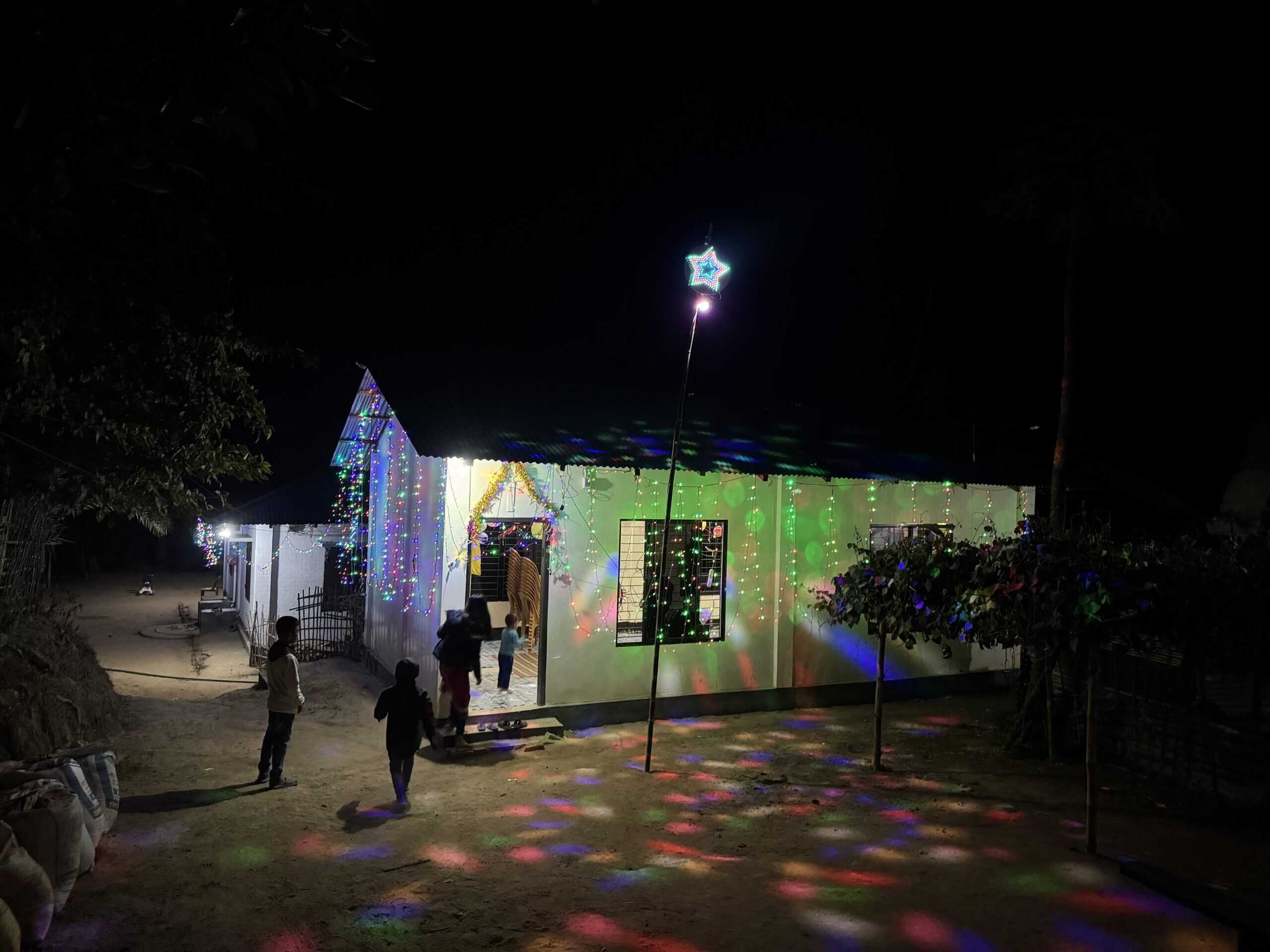 Church lit up at Christmas